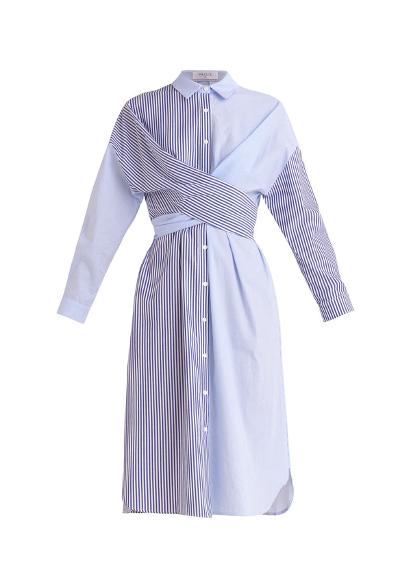 Paisie Contrast Stripe Wrap Shirt Dress in Blue and White Cut Out